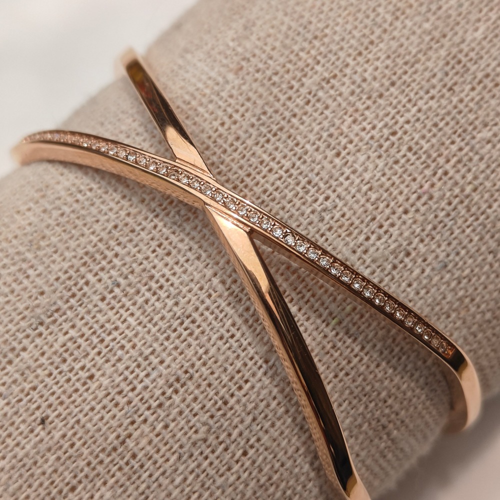 Gold Tone Crisscross X Cuff Bracelet Bagley Pavé Clear Crystal Accents